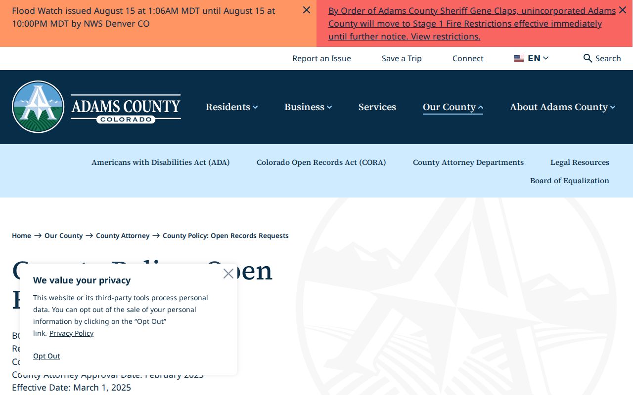 Adams County civil court docket and county CORA request boundary