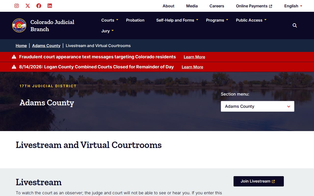 Adams County court schedule virtual courtroom directory