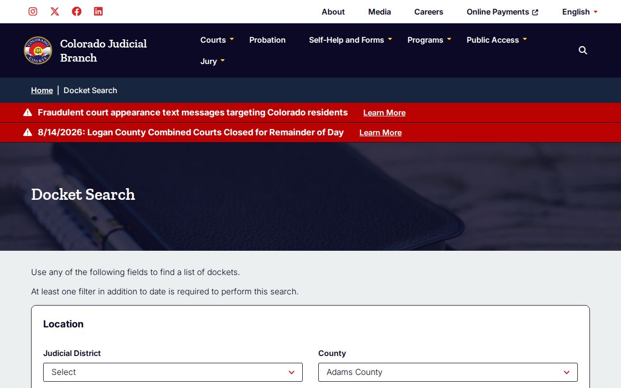 Adams County court schedule hearing search