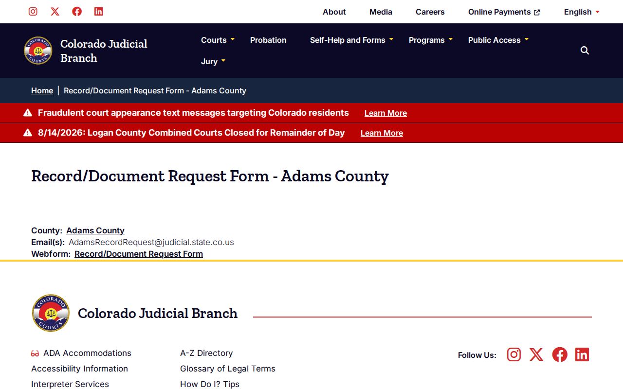 Adams County court record request contact page